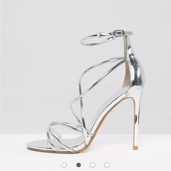 Office Spindle Silver Mirror Strappy Heeled Sandals - Picture 1 of 13